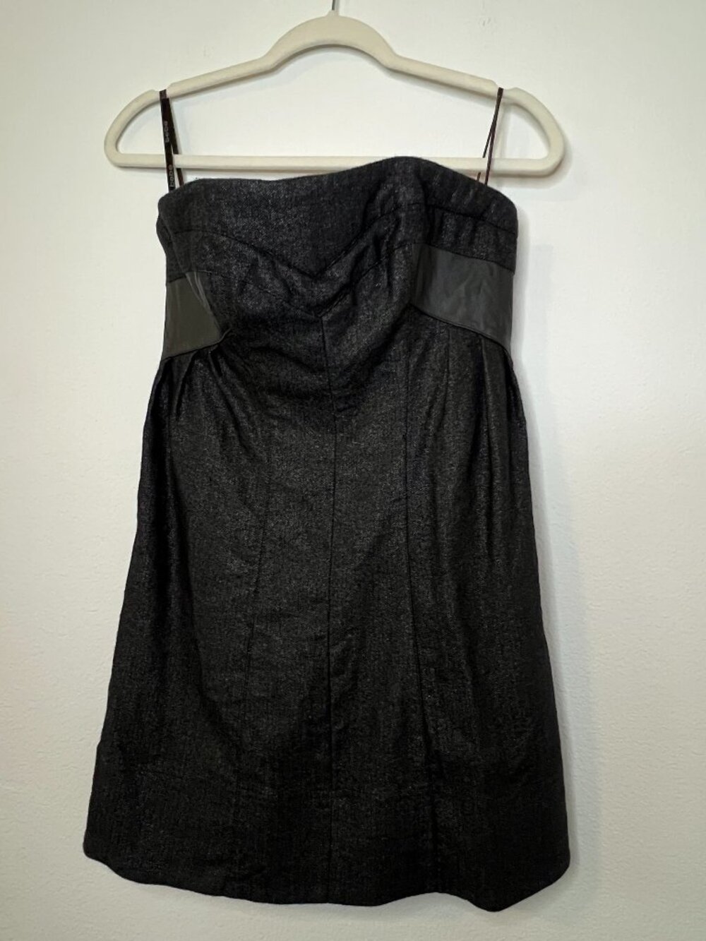 Black Strapless Leather Wool Blend Mini Bebe Dress with Pockets Size 6